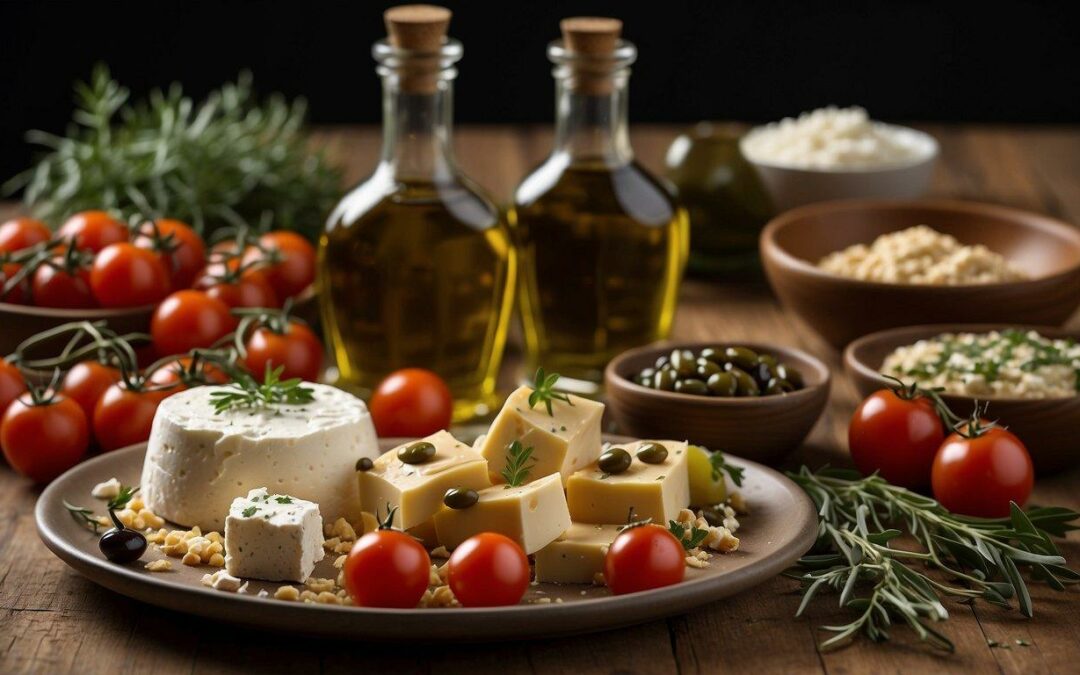 A table set with olives, feta cheese, tomatoes, and herbs. A bottle of olive oil and a bowl of hummus complete the spread